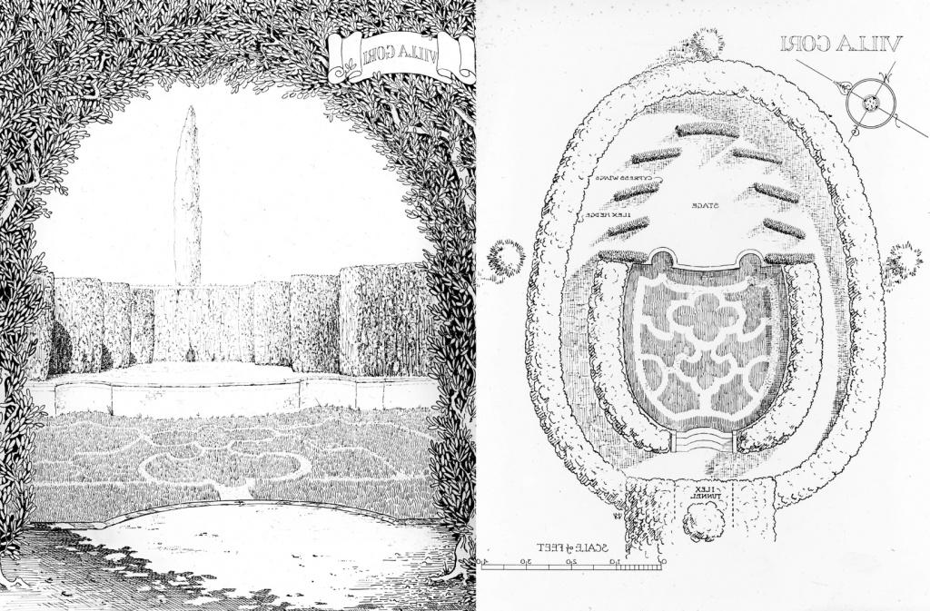 两张彩色照片，两张黑色墨水印刷的花园插图. 左边是一张鸟瞰图，上面有舞台和其他物品的标签, 这里有灌木丛，从这个角度可以看到复杂的草地设计. 右边是从入口通道向舞台的视角, 从这里开始，舞台区域位于设计的草地上方. 都有一条写着“Villa Gori”的缎带. 